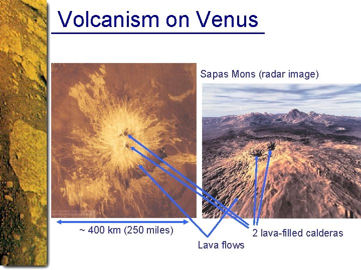 Volcanism on Venus Sapas Mons (radar image) ~ 400 km (250 miles) 2 lava-filled