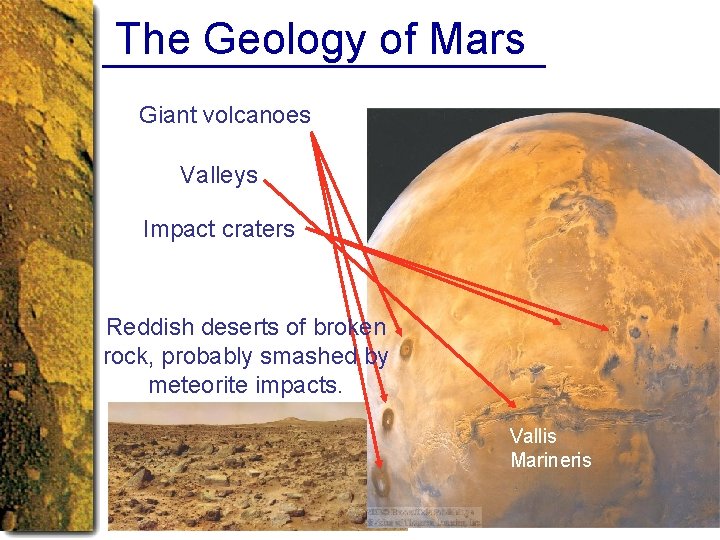 The Geology of Mars Giant volcanoes Valleys Impact craters Reddish deserts of broken rock,