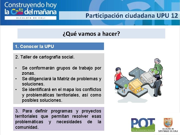 Participación ciudadana UPU 12 ¿Qué vamos a hacer? 1. Conocer la UPU 2. Taller