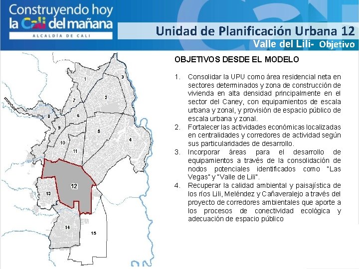 Unidad de Planificación Urbana 12 Valle del Lili- Objetivo OBJETIVOS DESDE EL MODELO 1.