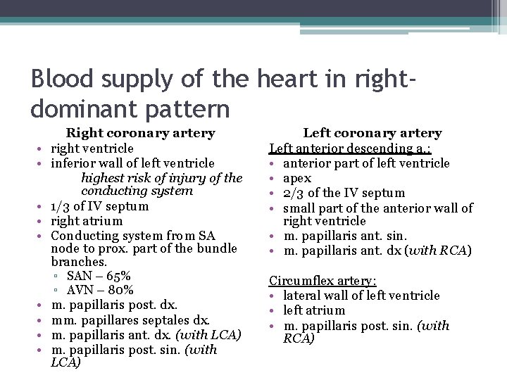 Blood supply of the heart in rightdominant pattern • • • Right coronary artery