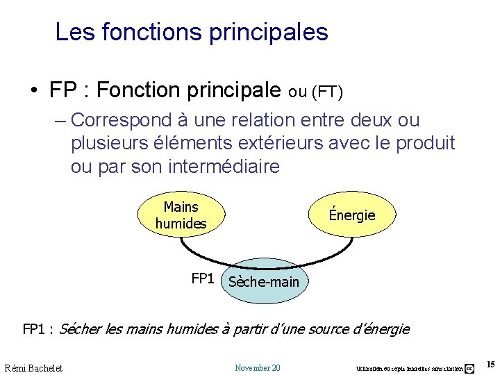 Les fonctions principales • FP : Fonction principale ou (FT) – Correspond à une