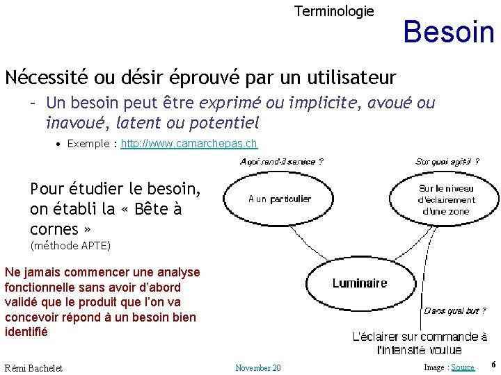 Terminologie Besoin Nécessité ou désir éprouvé par un utilisateur – Un besoin peut être