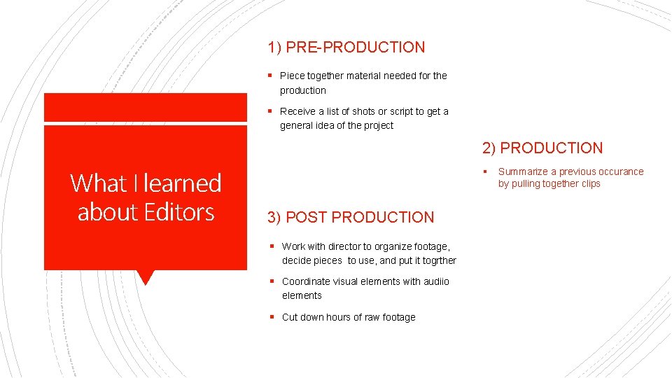 1) PRE-PRODUCTION § Piece together material needed for the production § Receive a list