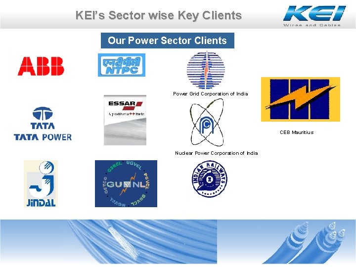 KEI’s Sector wise Key Clients Our Power Sector Clients Power Grid Corporation of India KEI’s Sector wise Key Clients Our Power Sector Clients Power Grid Corporation of India