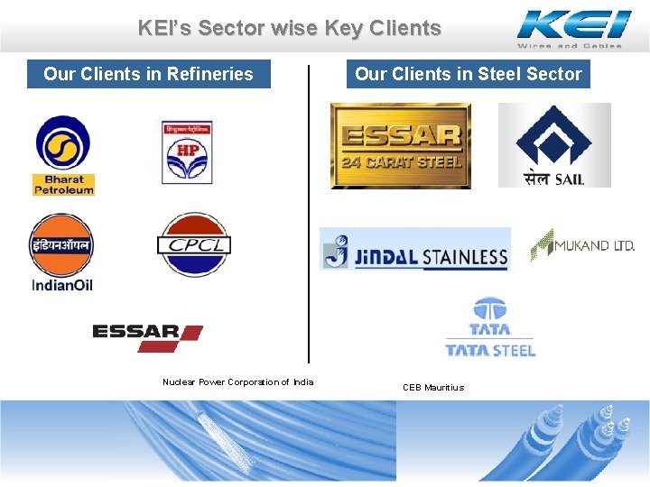 KEI’s Sector wise Key Clients Our Clients in Refineries Nuclear Power Corporation of India KEI’s Sector wise Key Clients Our Clients in Refineries Nuclear Power Corporation of India