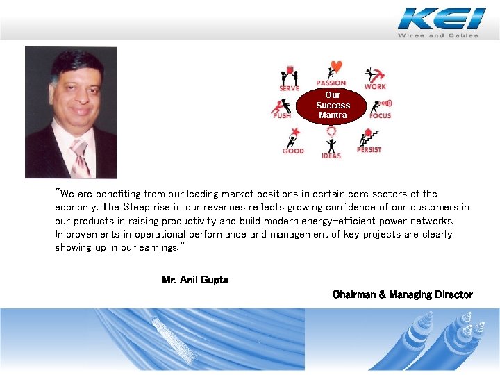 Our Success Mantra "We are benefiting from our leading market positions in certain core Our Success Mantra "We are benefiting from our leading market positions in certain core