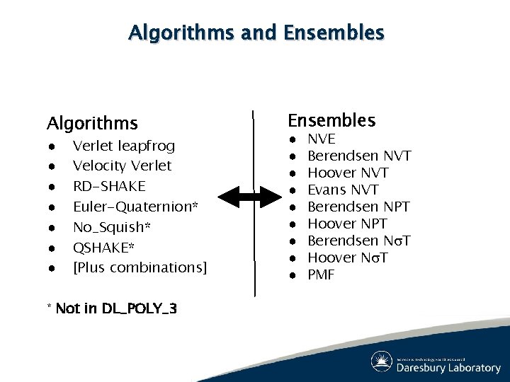 Algorithms and Ensembles Algorithms ● ● ● ● * Verlet leapfrog Velocity Verlet RD-SHAKE Algorithms and Ensembles Algorithms ● ● ● ● * Verlet leapfrog Velocity Verlet RD-SHAKE