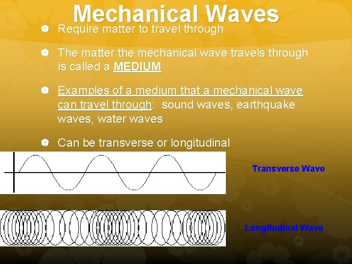 Mechanical Waves Require matter to travel through The matter the mechanical wave travels Mechanical Waves Require matter to travel through The matter the mechanical wave travels