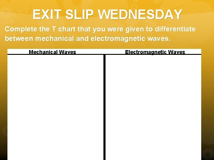 EXIT SLIP WEDNESDAY Complete the T chart that you were given to differentiate between EXIT SLIP WEDNESDAY Complete the T chart that you were given to differentiate between