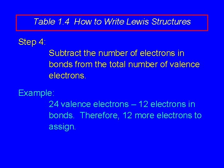 Table 1. 4 How to Write Lewis Structures Step 4: Subtract the number of