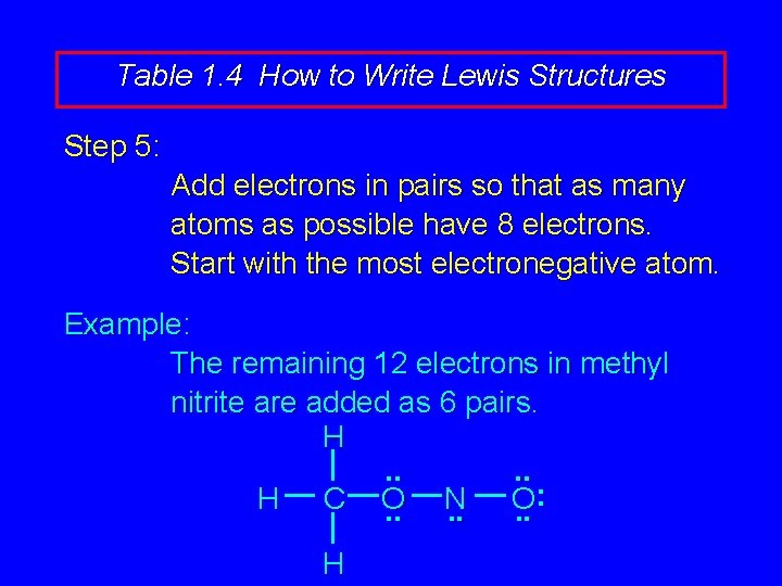 Table 1. 4 How to Write Lewis Structures Step 5: Add electrons in pairs