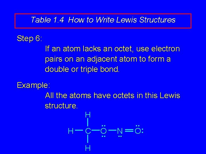 Table 1. 4 How to Write Lewis Structures Step 6: If an atom lacks