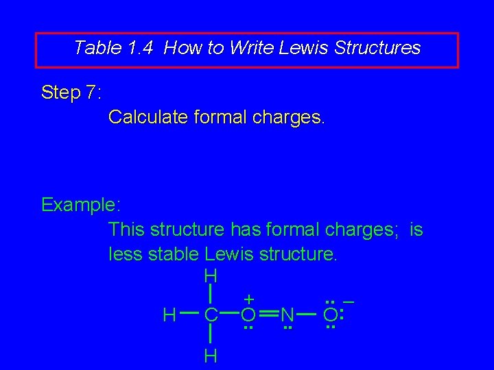 Table 1. 4 How to Write Lewis Structures Step 7: Calculate formal charges. Example:
