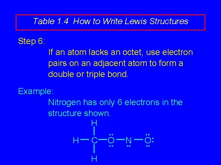 Table 1. 4 How to Write Lewis Structures Step 6: If an atom lacks