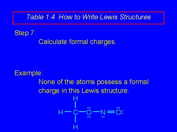 Table 1. 4 How to Write Lewis Structures Step 7: Calculate formal charges. Example:
