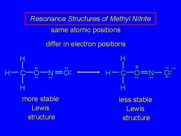 Resonance Structures of Methyl Nitrite same atomic positions differ in electron positions H H