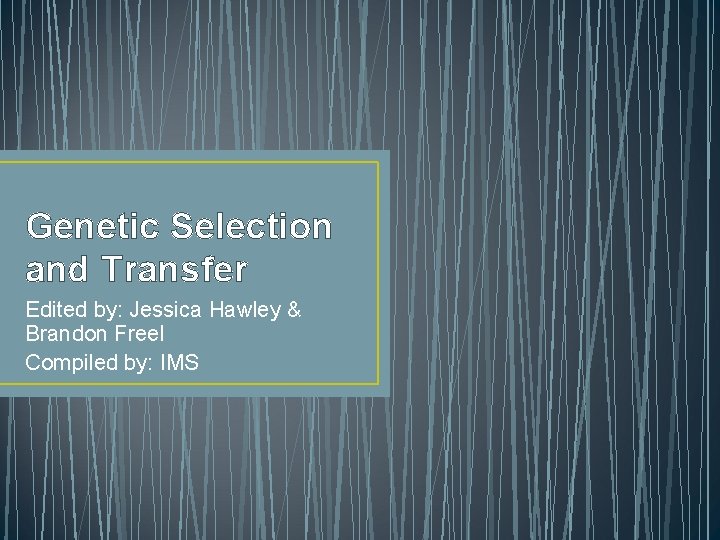 Genetic Selection and Transfer Edited by: Jessica Hawley & Brandon Freel Compiled by: IMS