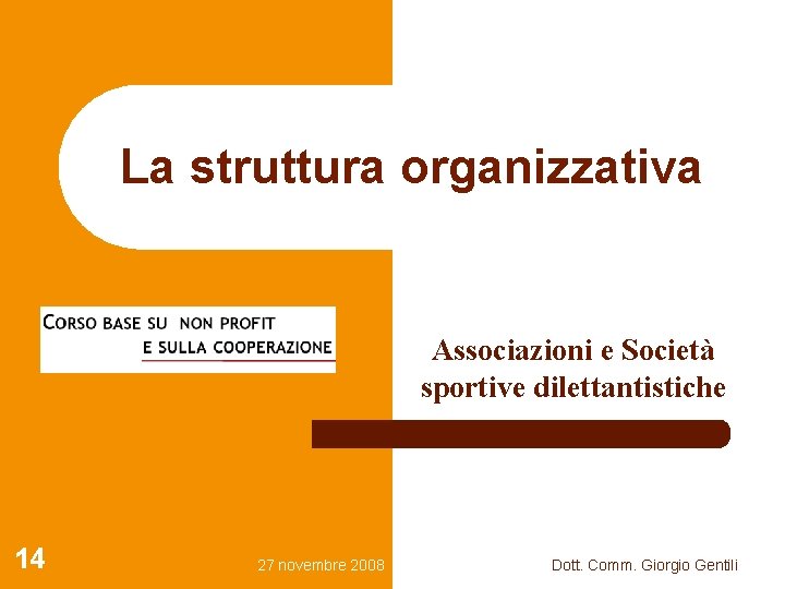 La struttura organizzativa Associazioni e Società sportive dilettantistiche 14 27 novembre 2008 Dott. Comm.