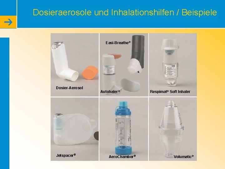 Dosieraerosole und Inhalationshilfen / Beispiele Easi-Breathe® Dosier-Aerosol Jetspacer® Autohaler® Aero. Chamber® Respimat® Soft Inhaler