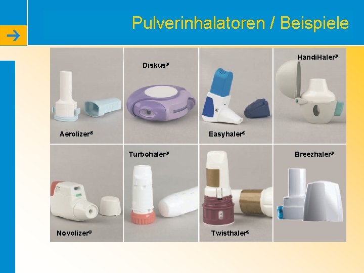 Pulverinhalatoren / Beispiele Handi. Haler® Diskus® Aerolizer® Easyhaler® Turbohaler® Novolizer® Breezhaler® Twisthaler® 