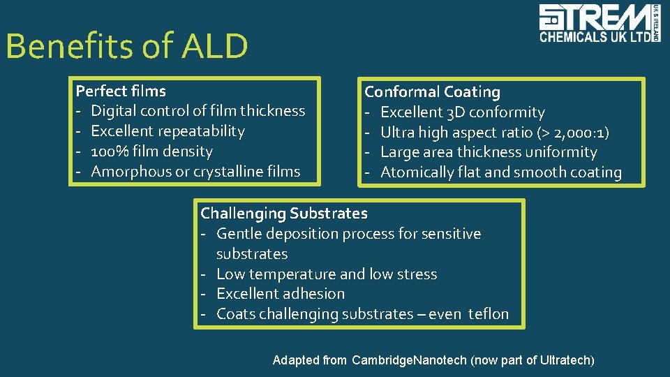 Benefits of ALD Perfect films - Digital control of film thickness - Excellent repeatability