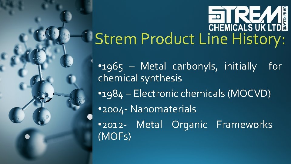 Strem Product Line History: • 1965 – Metal carbonyls, initially for chemical synthesis •