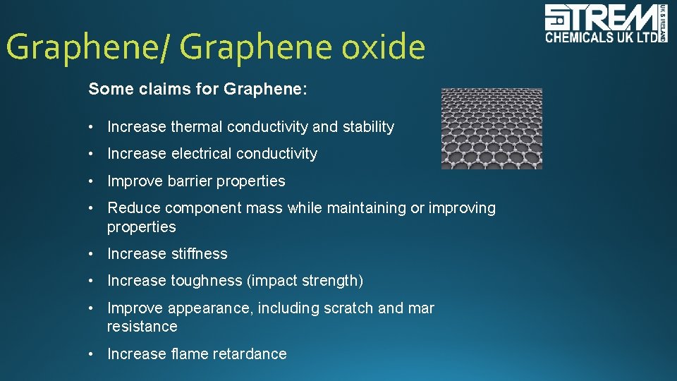 Graphene/ Graphene oxide Some claims for Graphene: • Increase thermal conductivity and stability •