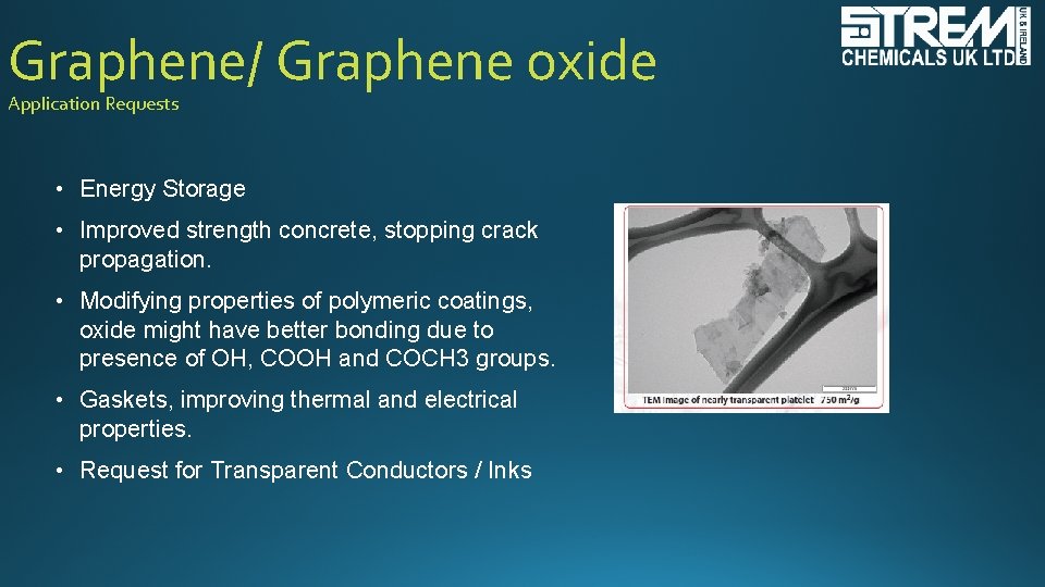 Graphene/ Graphene oxide Application Requests • Energy Storage • Improved strength concrete, stopping crack