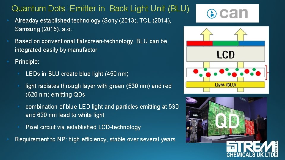 Quantum Dots : Emitter in Back Light Unit (BLU) • Alreaday established technology (Sony