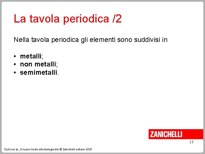 La tavola periodica /2 Nella tavola periodica gli elementi sono suddivisi in • metalli; La tavola periodica /2 Nella tavola periodica gli elementi sono suddivisi in • metalli;