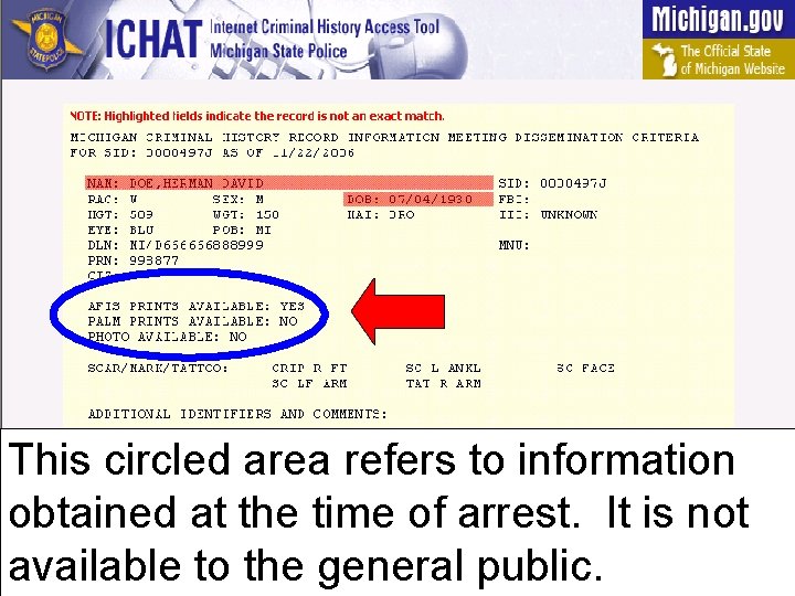This circled area refers to information obtained at the time of arrest. It is