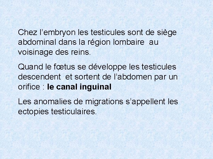 Chez l’embryon les testicules sont de siège abdominal dans la région lombaire au voisinage