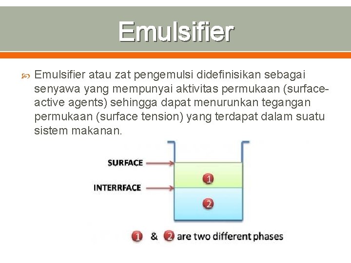 Emulsifier atau zat pengemulsi didefinisikan sebagai senyawa yang mempunyai aktivitas permukaan (surfaceactive agents) sehingga