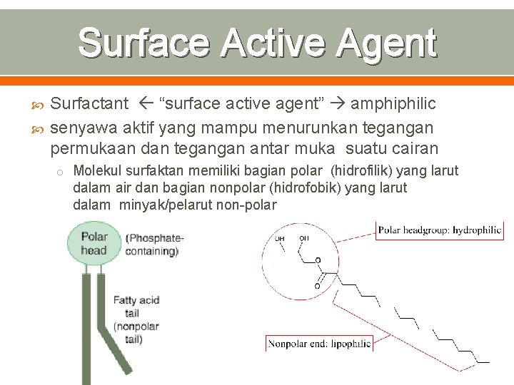 Surface Active Agent Surfactant “surface active agent” amphiphilic senyawa aktif yang mampu menurunkan tegangan
