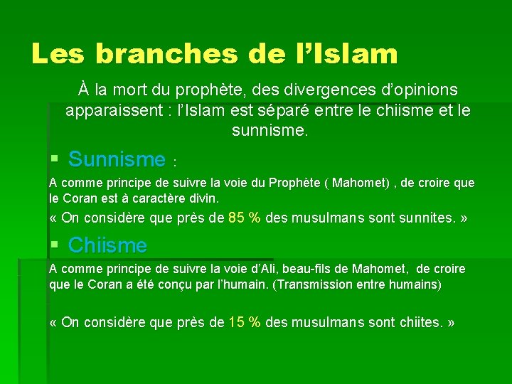 Les branches de l’Islam À la mort du prophète, des divergences d’opinions apparaissent :