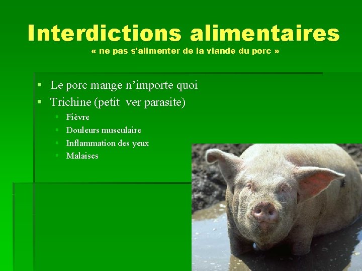 Interdictions alimentaires « ne pas s’alimenter de la viande du porc » § Le