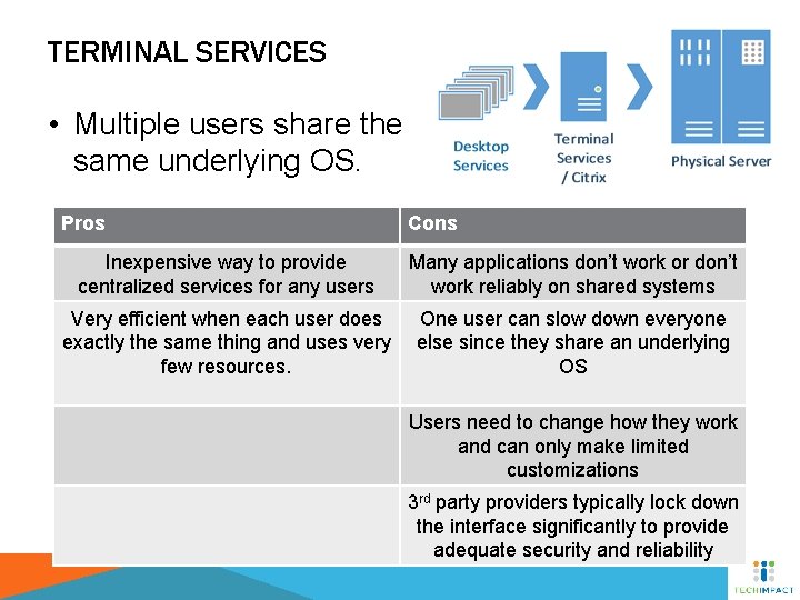 TERMINAL SERVICES • Multiple users share the same underlying OS. Pros Cons Inexpensive way