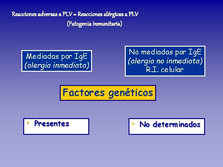 Reacciones adversas a PLV ≈ Reacciones alérgicas a PLV (Patogenia inmunitaria) Mediadas por Ig.