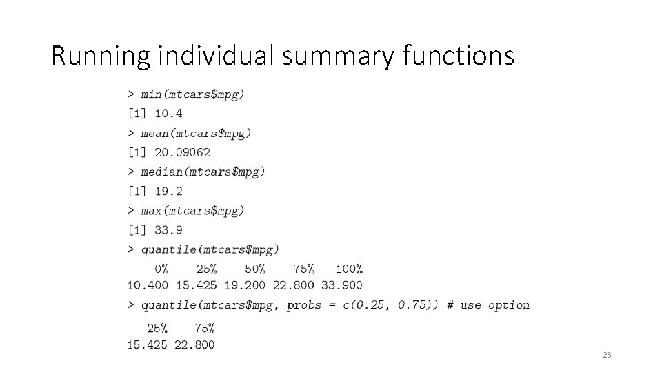 Running individual summary functions 28 Running individual summary functions 28