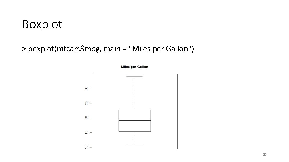 Boxplot > boxplot(mtcars$mpg, main = "Miles per Gallon") 33 Boxplot > boxplot(mtcars$mpg, main = "Miles per Gallon") 33