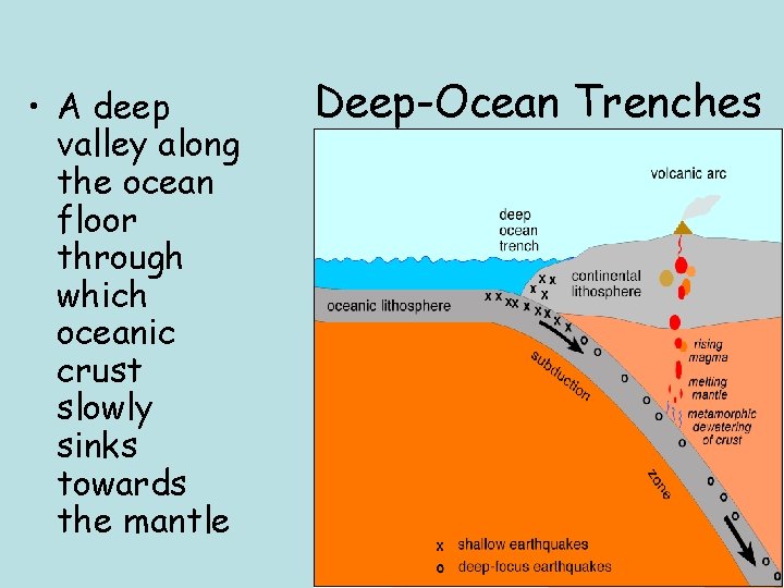  • A deep valley along the ocean floor through which oceanic crust slowly