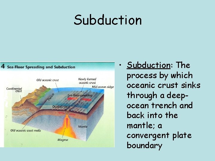 Subduction • Subduction: The process by which oceanic crust sinks through a deepocean trench