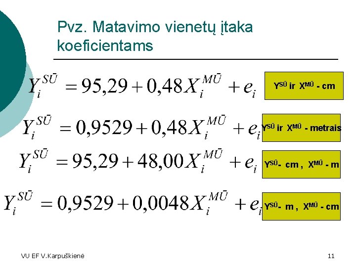 Pvz. Matavimo vienetų įtaka koeficientams YSŪ ir XMŪ - cm YSŪ ir XMŪ -