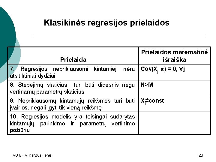 Klasikinės regresijos prielaidos Prielaidos matematinė išraiška Prielaida 7. Regresijos nepriklausomi atsitiktiniai dydžiai kintamieji nėra