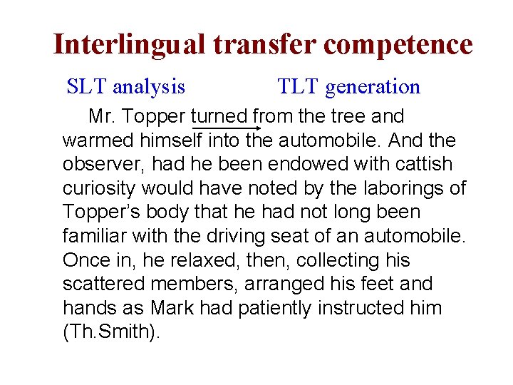 Interlingual transfer competence SLT analysis TLT generation Mr. Topper turned from the tree and