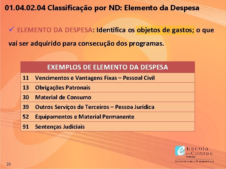 01. 04. 02. 04 Classificação por ND: Elemento da Despesa ü ELEMENTO DA DESPESA: