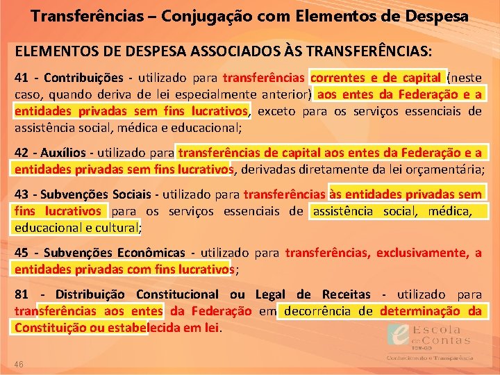 Transferências – Conjugação com Elementos de Despesa ELEMENTOS DE DESPESA ASSOCIADOS ÀS TRANSFERÊNCIAS: 41