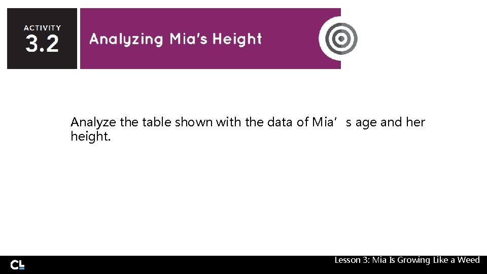 Analyze the table shown with the data of Mia’s age and her height. Lesson Analyze the table shown with the data of Mia’s age and her height. Lesson
