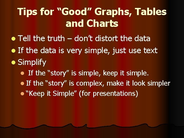 Tips for “Good” Graphs, Tables and Charts l Tell the truth – don’t distort